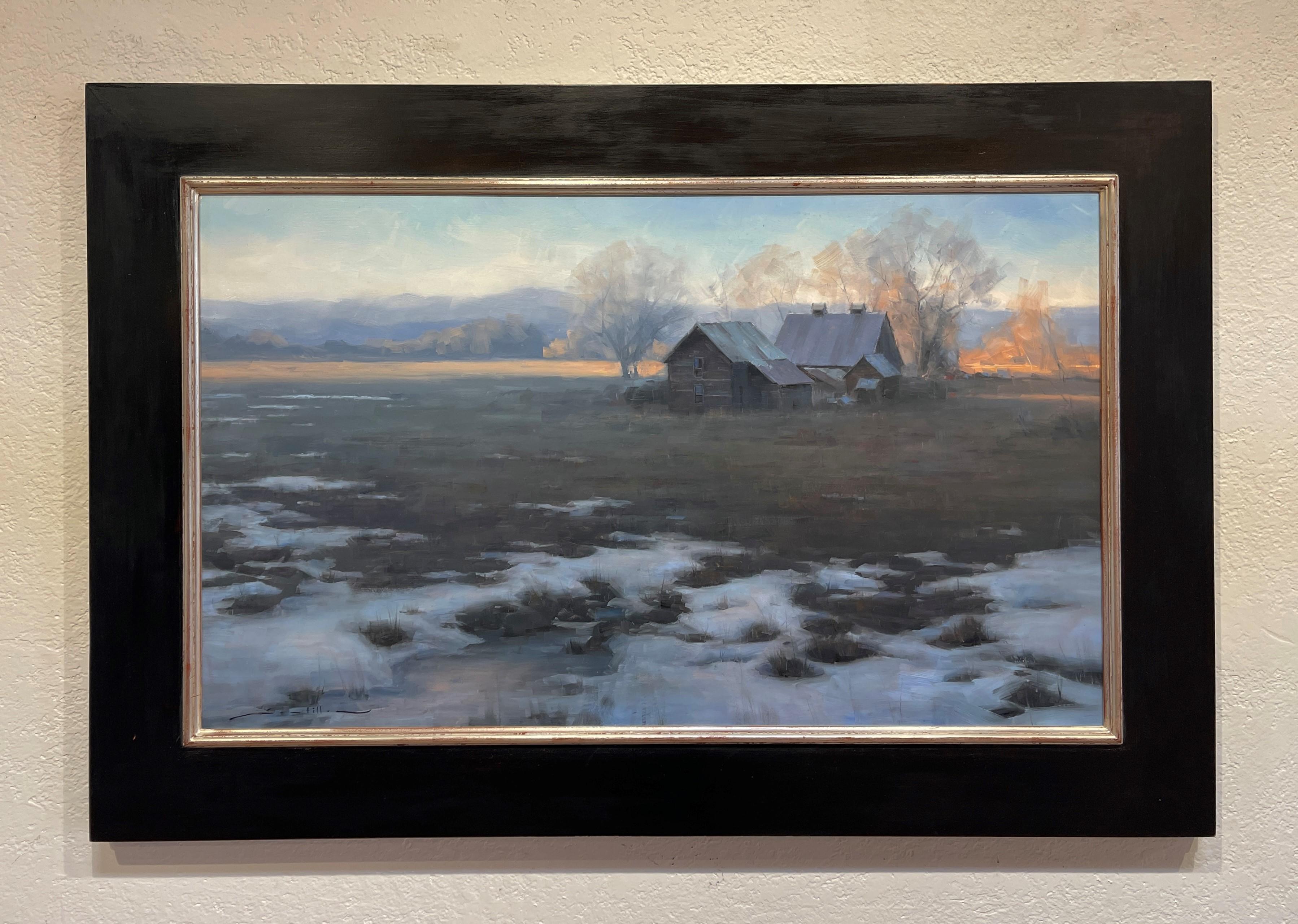 Remnants - Sereno paesaggio ad olio di fienili rurali alla luce dell'inverno, 2017 - Painting di Dave Santillanes