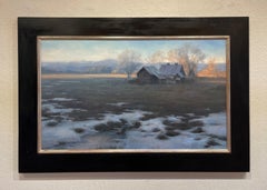 Remnants - Paysage à l'huile serein de granges rurales en lumière d'hiver, 2017