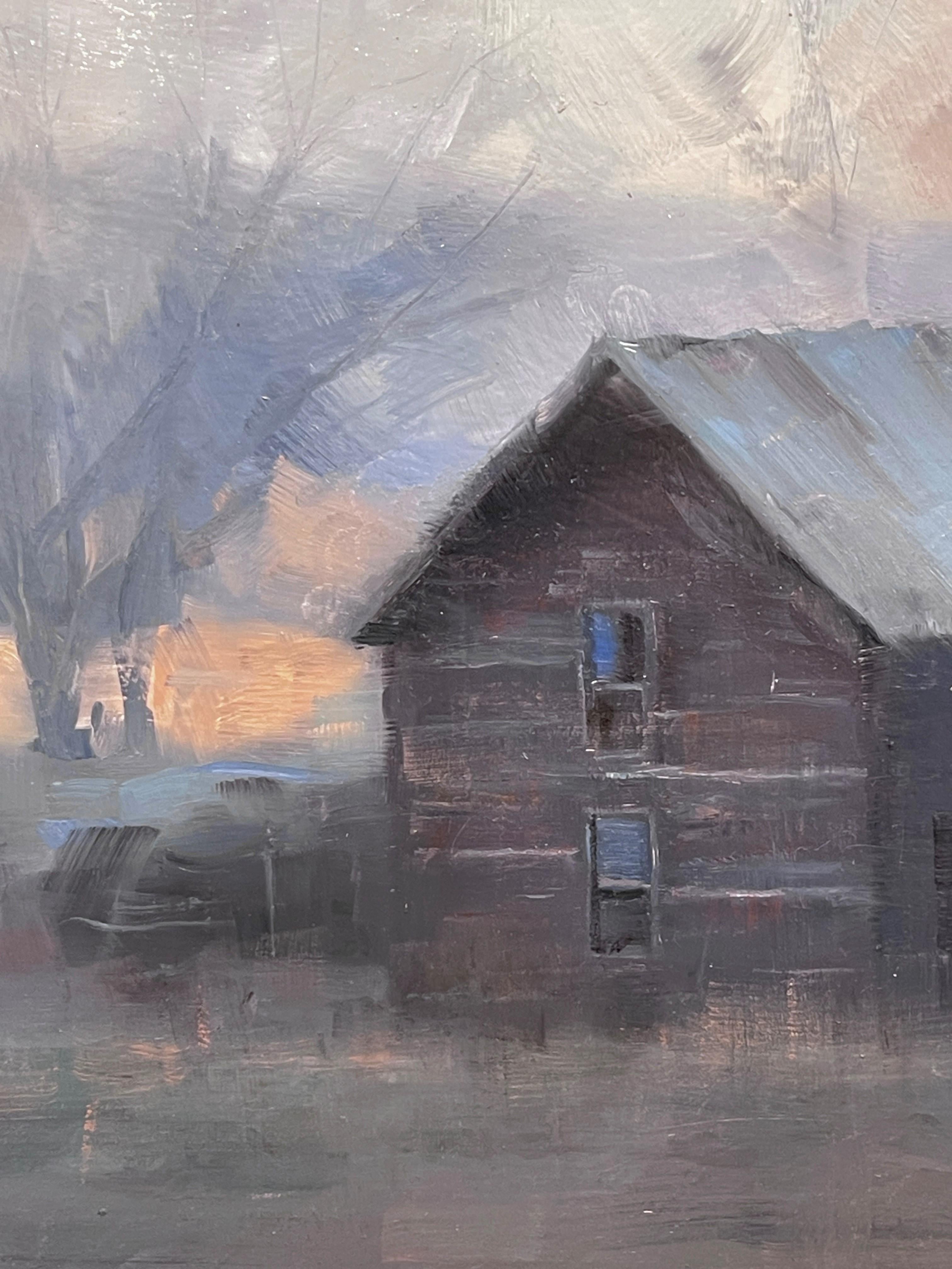 Remnants - Sereno paesaggio ad olio di fienili rurali alla luce dell'inverno, 2017 - Landscape Painting Grigio di Dave Santillanes