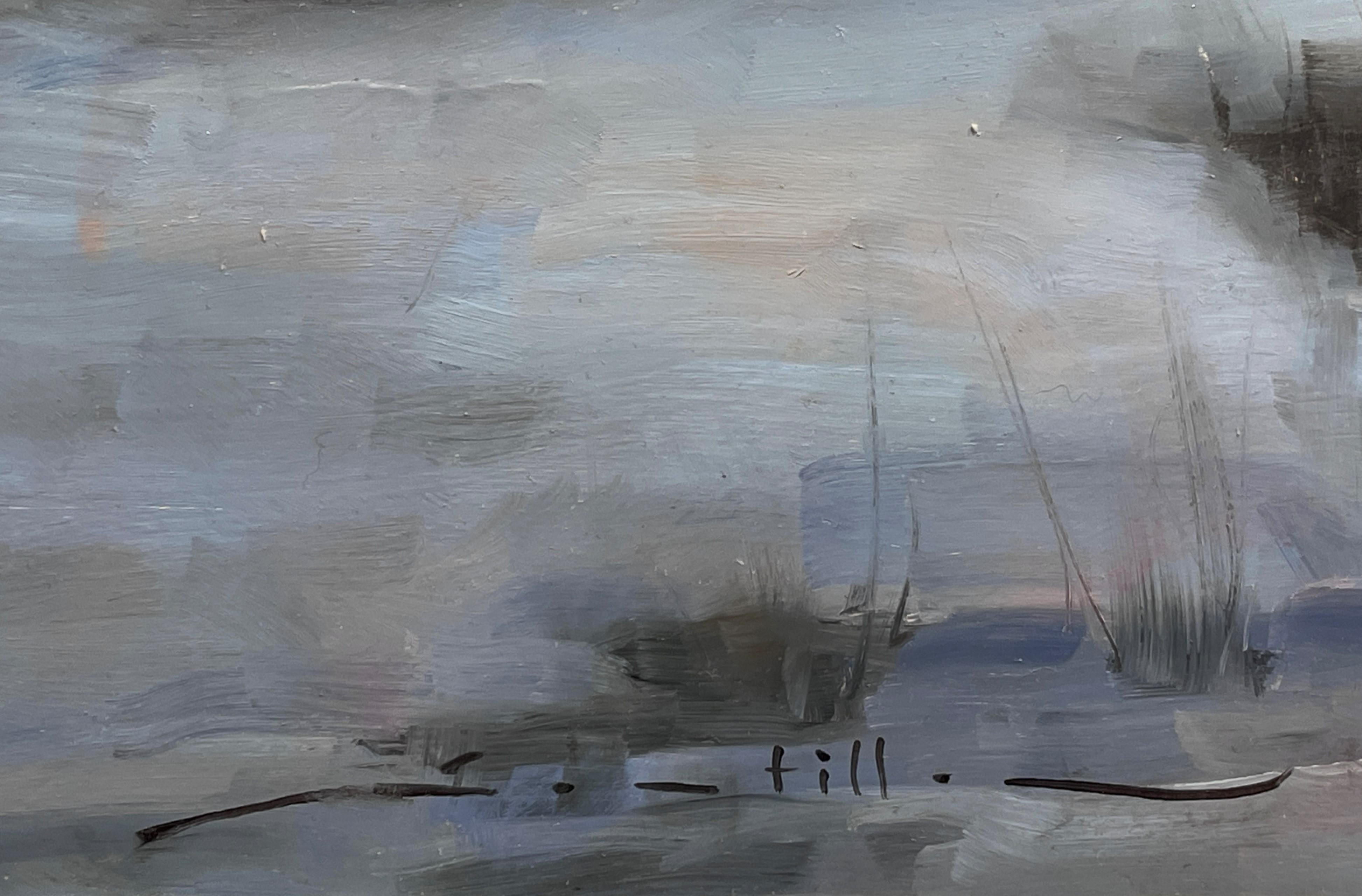 Remnants - Sereno paesaggio ad olio di fienili rurali alla luce dell'inverno, 2017 in vendita 1
