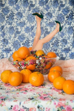 Marge - Still life with oranges, a woman's legs, & floral wallpaper