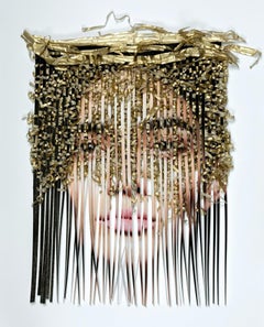 Disassemble #23 - Archival pigment print portrait hand-woven with gold ribbons