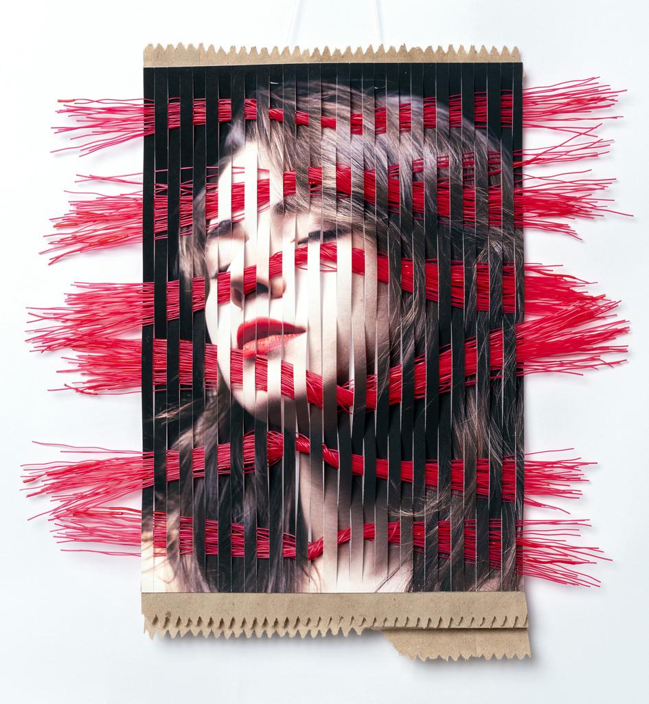 Disassemble #49 - Portrait hand-woven with kraft paper and red scrub brush - Mixed Media Art by Lou Peralta