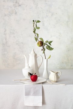 Off White 7 - Still life table tea setting w/ red apple & branch in vase