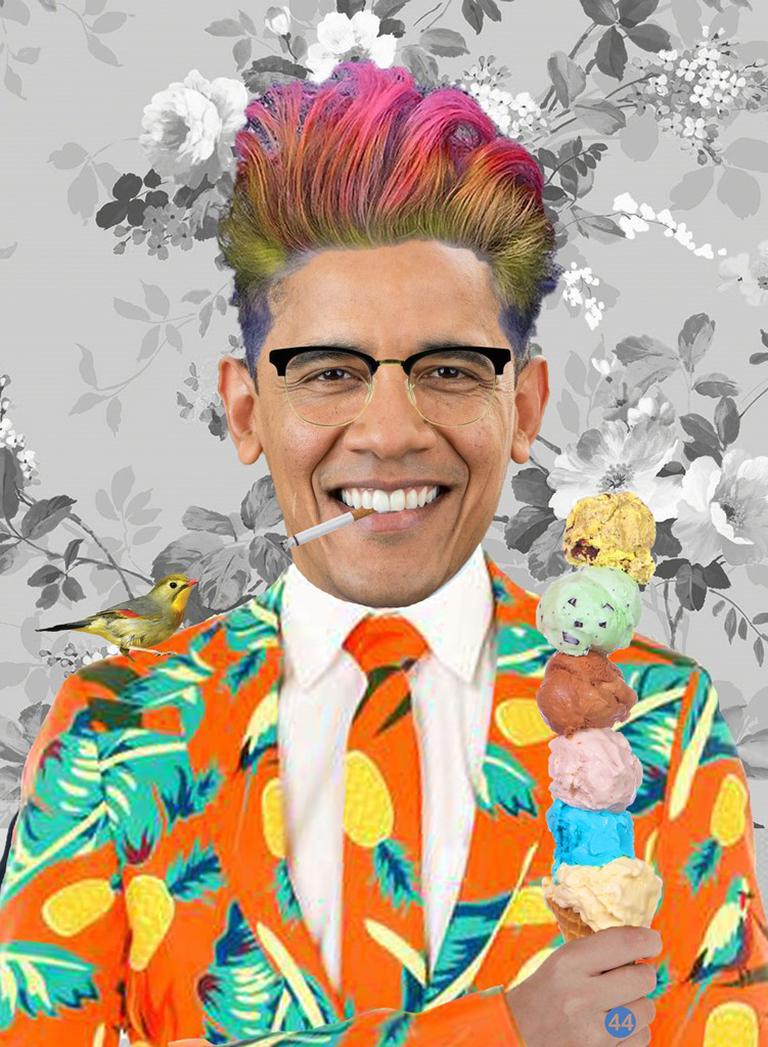 Julia McLaurin Portrait Photograph - Barack Obama - Colorful presidential portrait collage with flowers & ice cream