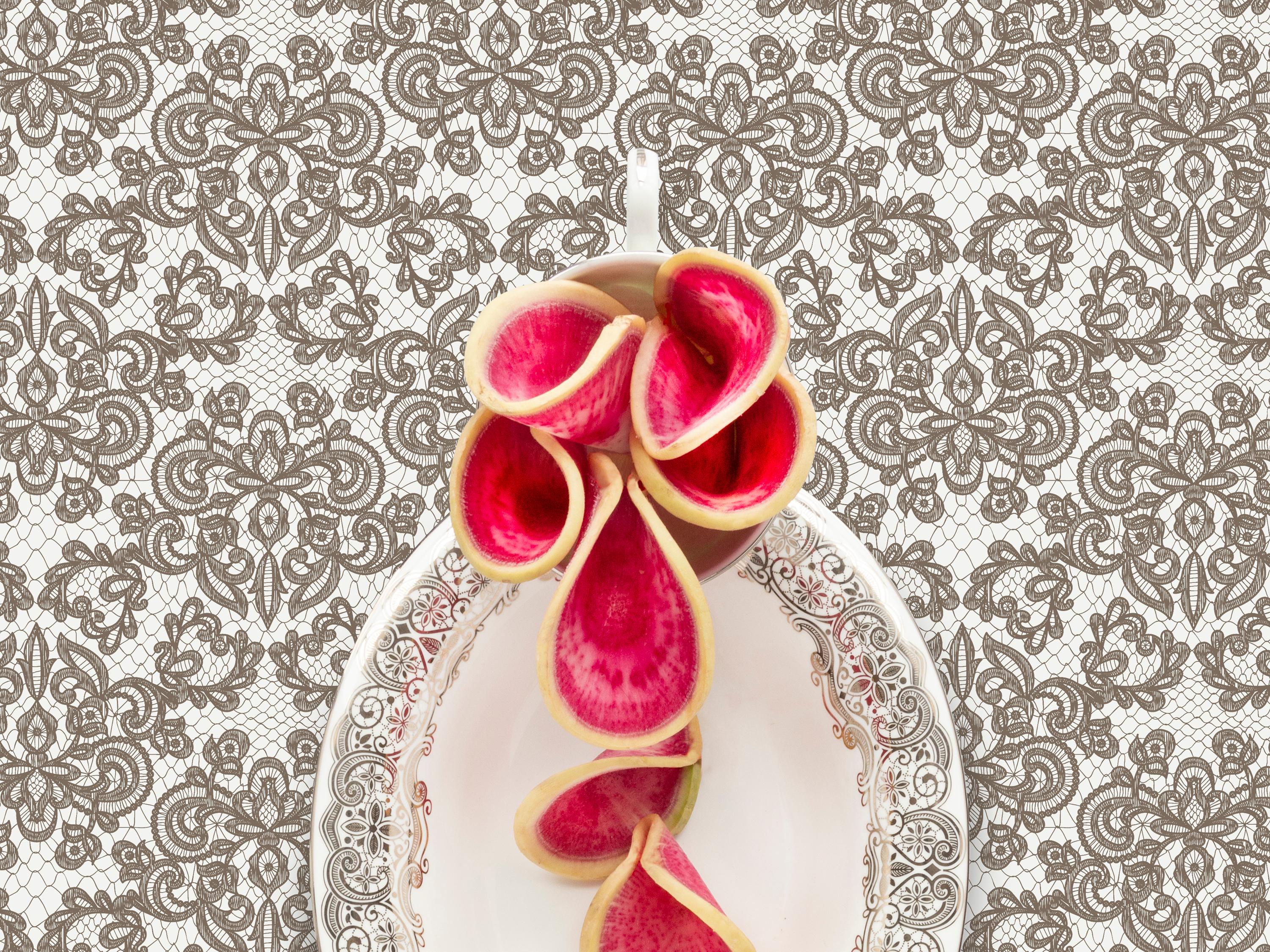 Waterford Lismore Lace with Watermelon Radish - Pink/gray floral dish still life - Photograph by JP Terlizzi