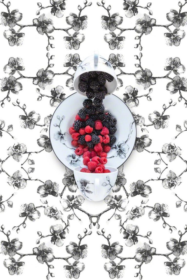 JP Terlizzi Still-Life Photograph - Aram Black Orchid with Berries - Black & white floral dishes still life