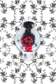 Aram Black Orchid with Berries - Black & white floral dishes still life