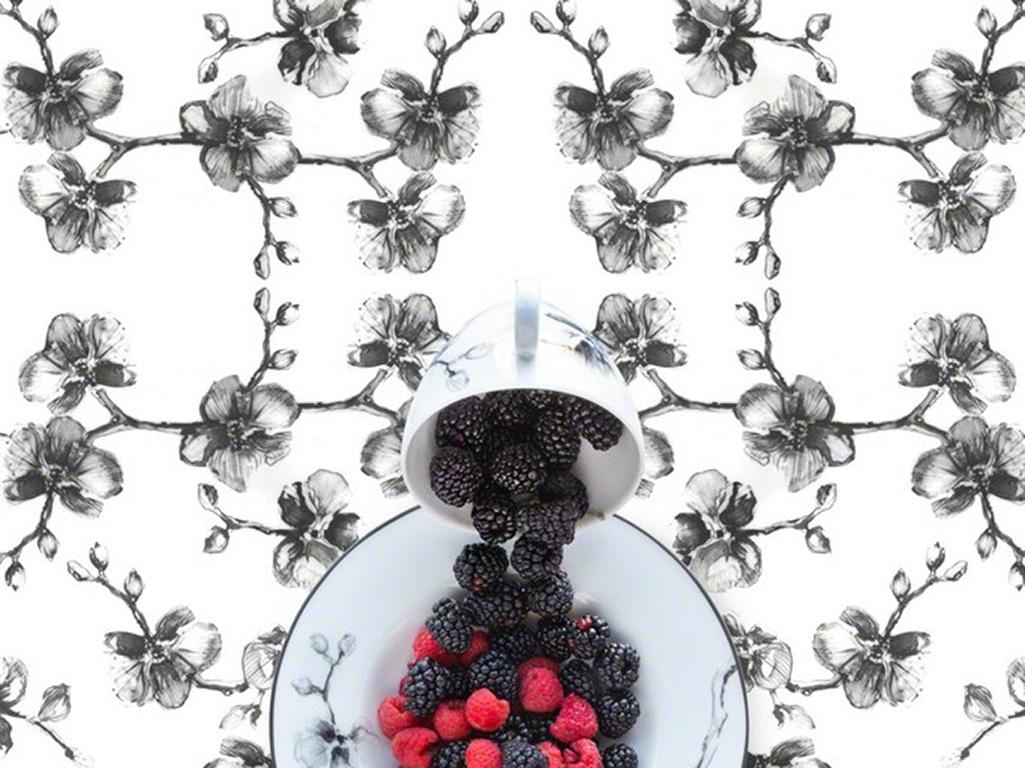 Aram Black Orchid with Berries - Black & white floral dishes still life - Photograph by JP Terlizzi