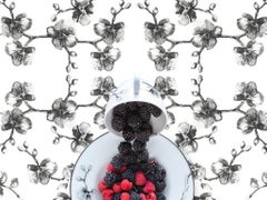 Aram Black Orchid with Berries - Black & white floral dishes still life
