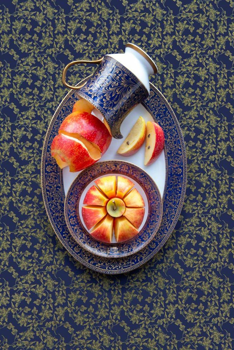 JP Terlizzi Still-Life Photograph - Sango Aristocrat with Apple - Navy & gold floral dishes still life with apples