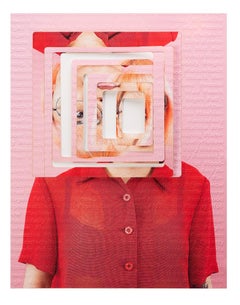 Subject #3 - Pink & red laser cut portrait with squares, embossed with hashtags