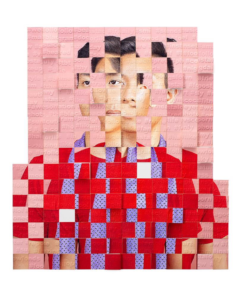 Karen Navarro Abstract Photograph - Subject #6 - Pink, red, & blue laser cut woven portrait, embossed with hashtags