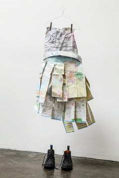 Road Maps - Sculptural still life dress made of maps with polka dot boots
