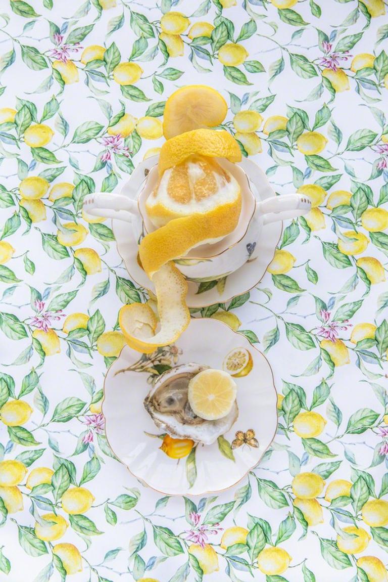 Gracie Lemonata with Lemon - Lemon & oyster food floral still life vintage dish - Contemporary Photograph by JP Terlizzi
