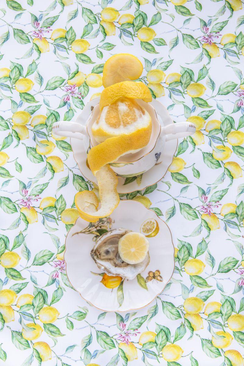 JP Terlizzi Still-Life Photograph - Gracie Lemonata with Lemon - Lemon & oyster food floral still life vintage dish