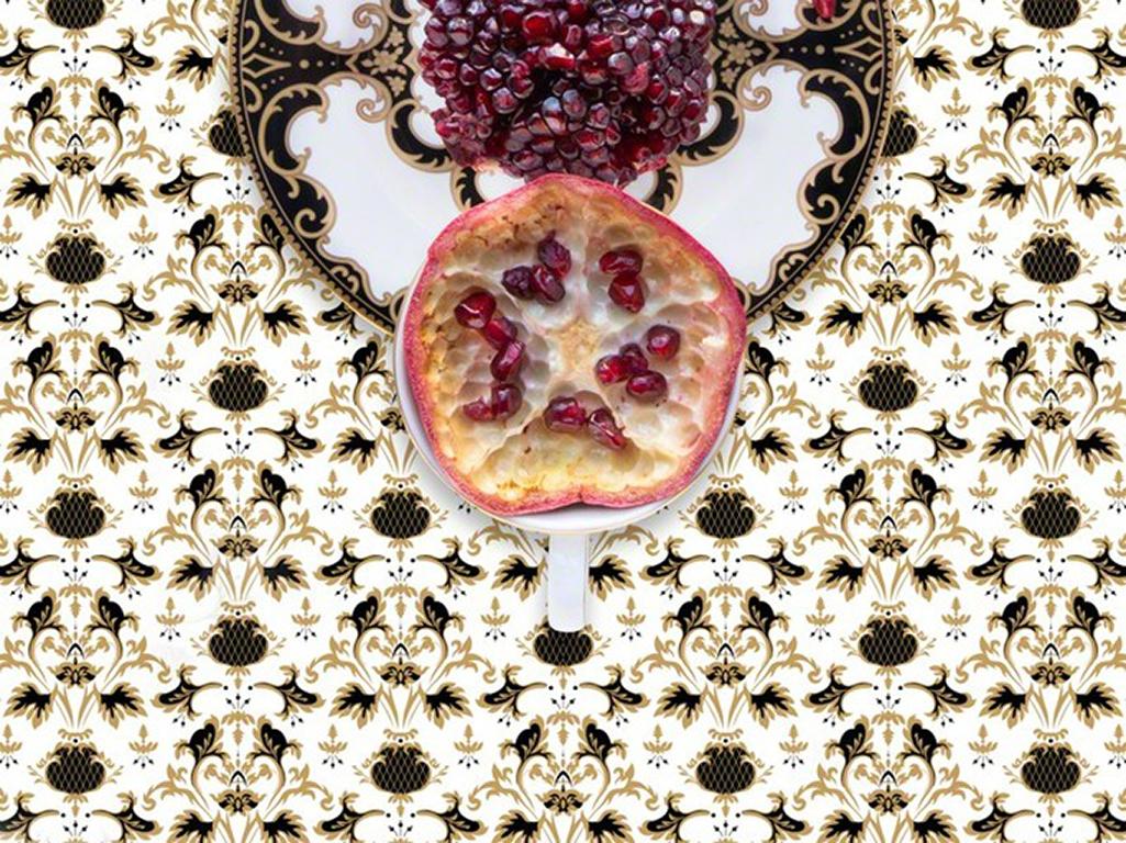 Marchesa Baroque Night with Pomegranate - Black & gold food fruit still life - Contemporary Photograph by JP Terlizzi