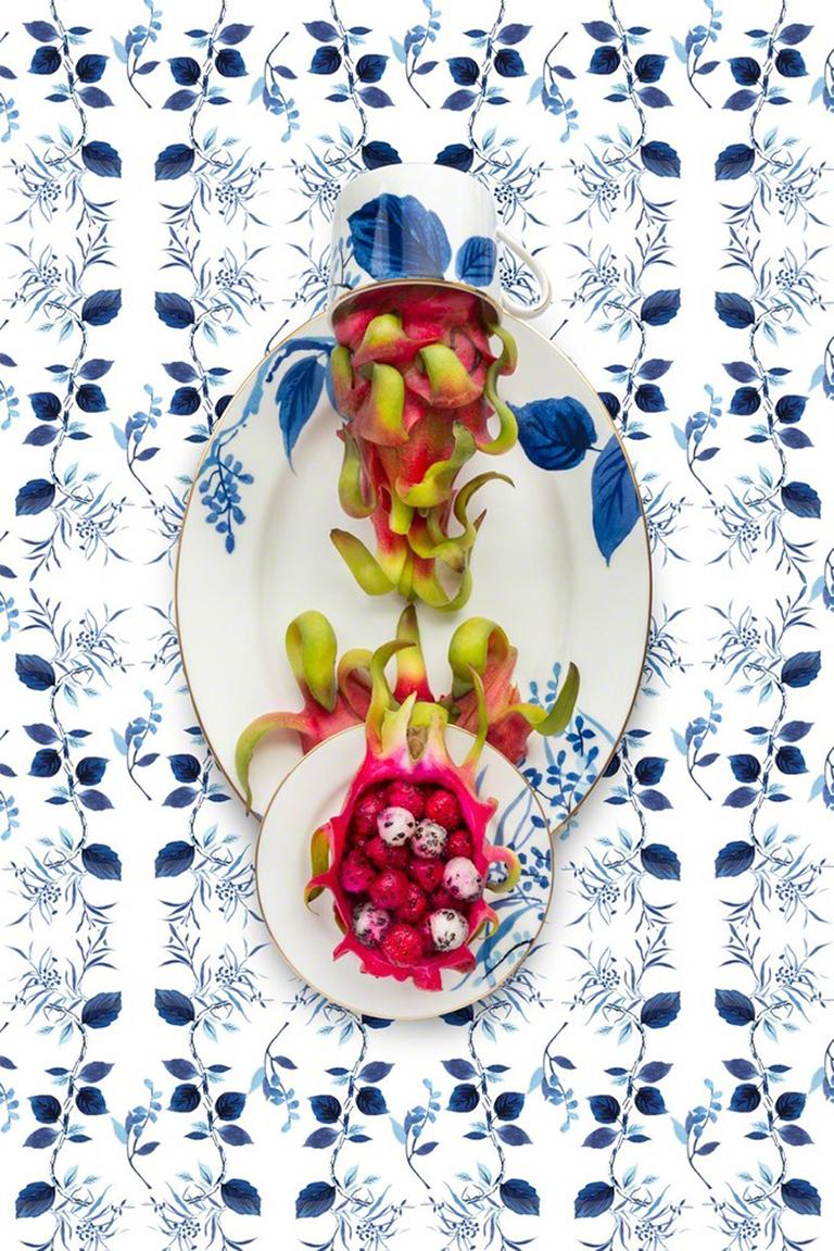 JP Terlizzi Color Photograph - Kate Spade Birch Way with Dragonfruit - Blue & white food fruit still life