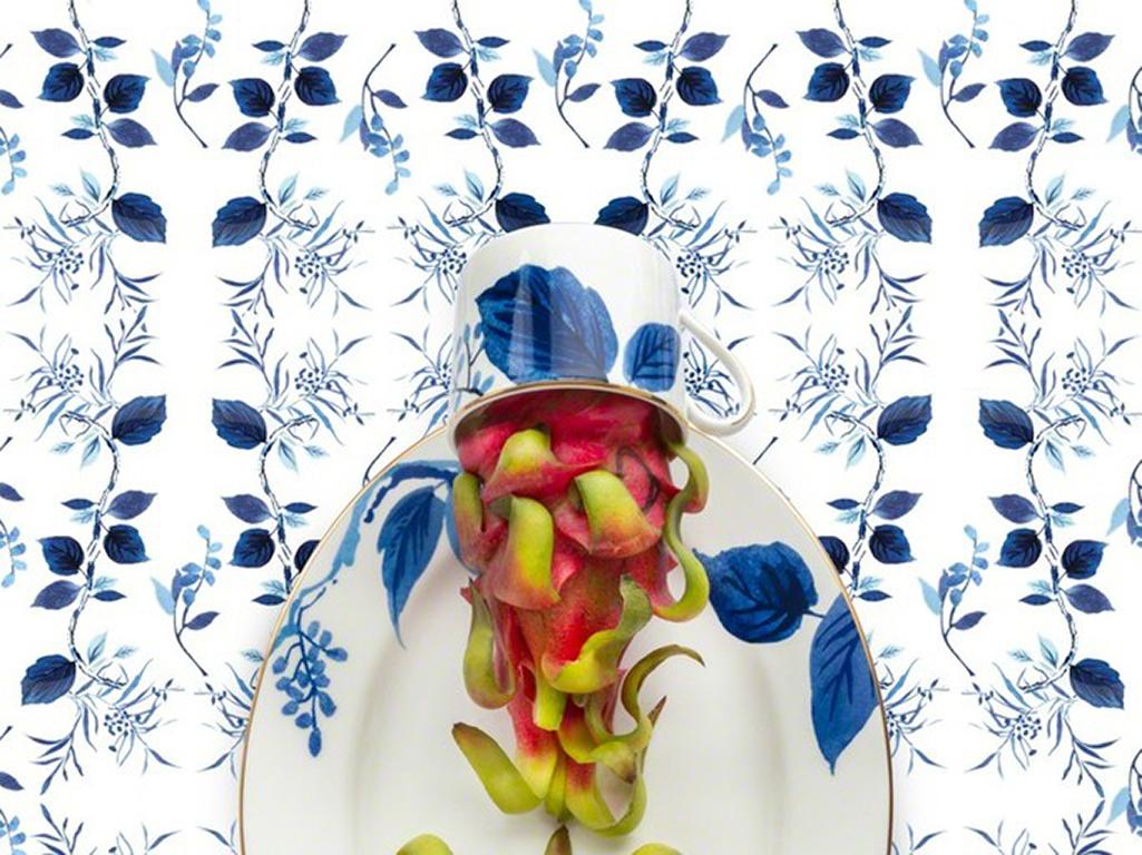 Kate Spade Birch Way with Dragonfruit - Blue & white food fruit still life - Photograph by JP Terlizzi