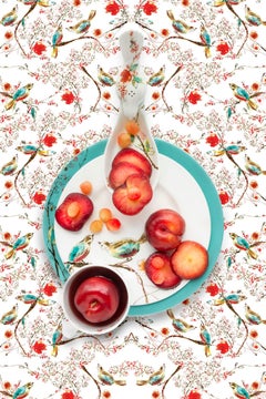 Lenox Chirp with Plum - Red, blue & white floral food still life w/ bird pattern