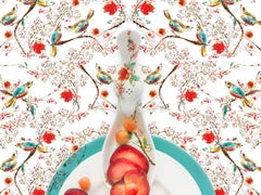 Lenox Chirp with Plum - Red, blue & white floral food still life w/ bird pattern