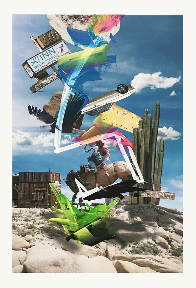 Paul-André Larocque Color Photograph - Desert POP: Joshua Tree Park 2 - Western cowboy collage w/ horse & bald eagle