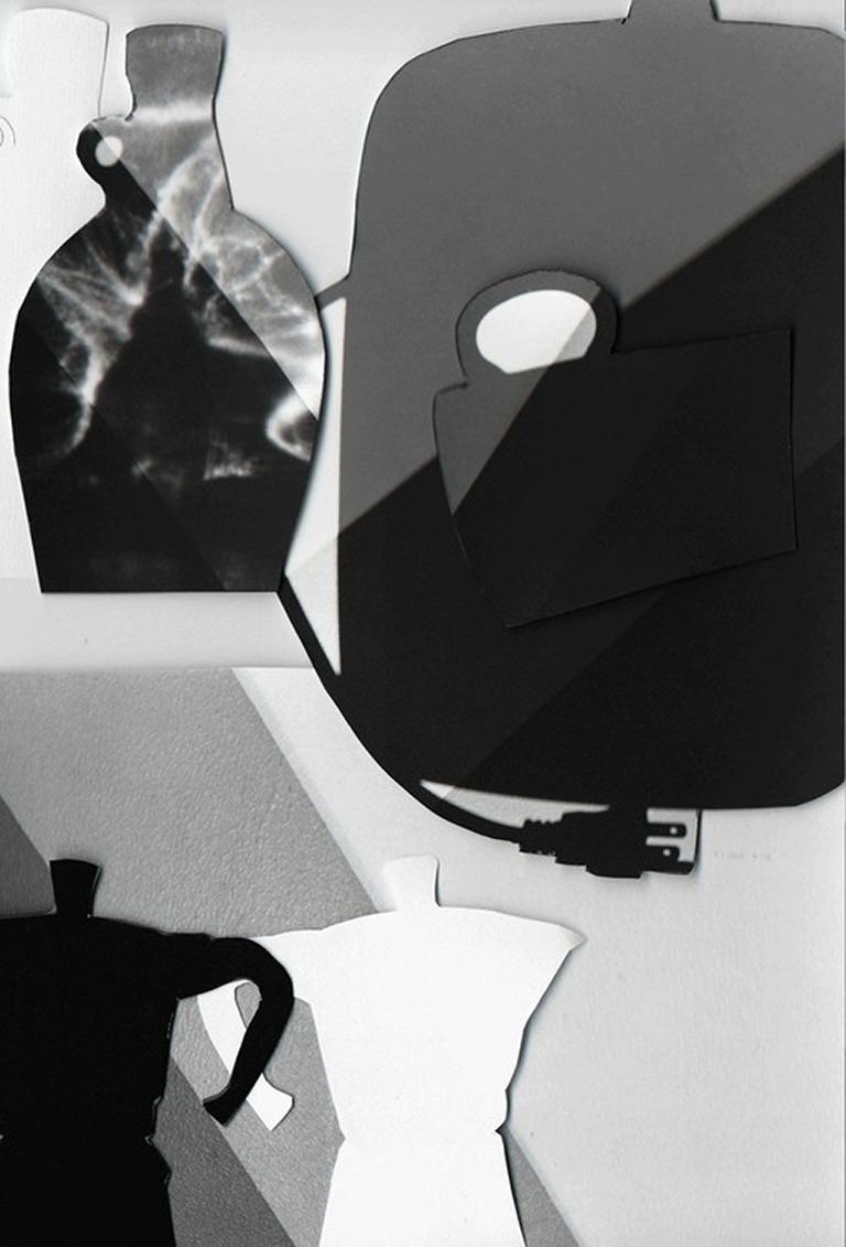 Recorte #1 - Black, gray, & white abstract cut-out collage w/ Bialetti & flowers - Contemporary Photograph by Joana P. Cardozo
