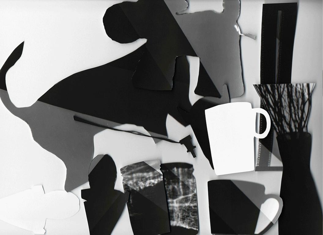 Joana P. Cardozo Abstract Photograph - Recorte #2 - Black, gray, & white abstract cut-out collage w/ dog & coffee mugs