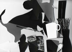 Recorte #2 - Black, gray, & white abstract cut-out collage w/ dog & coffee mugs