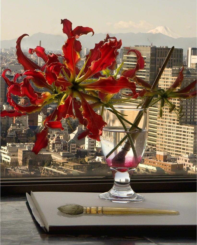 Torrie Groening Still-Life Photograph - One View Mount Fuji (Tokyo) - Flame lily flower, paintbrush, artist studio still