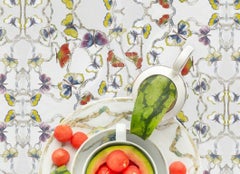 Aram Butterfly Ginkgo with Melon - White butterfly pattern dishes w/ watermelon