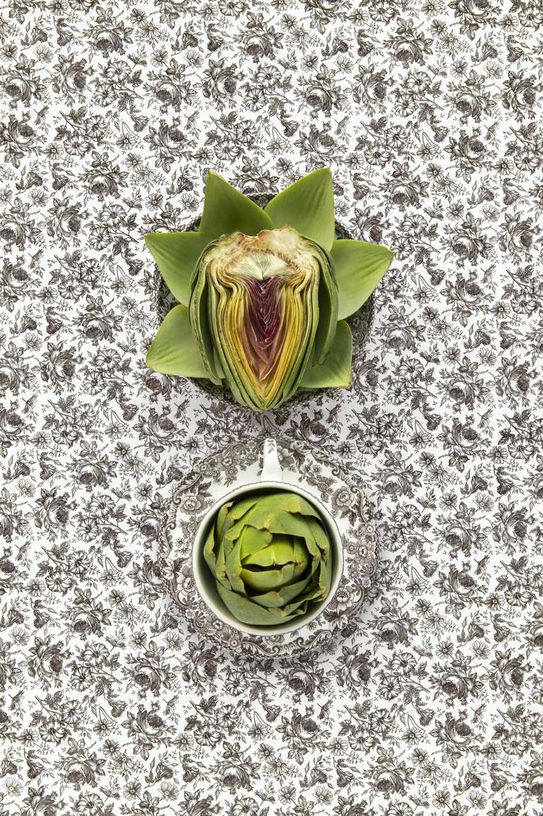 JP Terlizzi Color Photograph - Spode Delamere with Artichoke - Gray, white & green pattern food still life