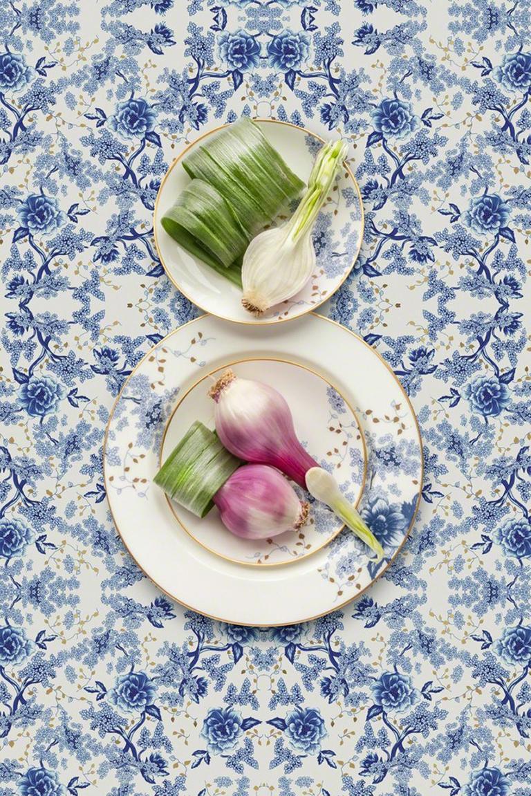 JP Terlizzi Color Photograph - Lenox Garden Grove with Spring Onion - Blue & white floral food still life dish