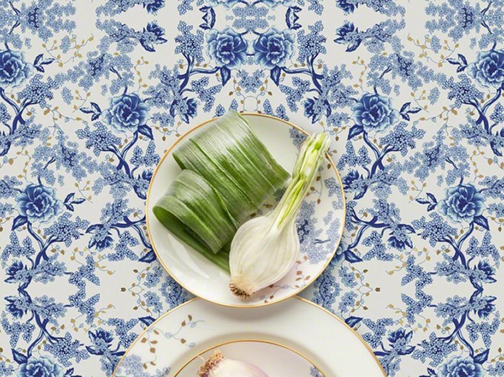 Lenox Garden Grove with Spring Onion - Blue & white floral food still life dish - Photograph by JP Terlizzi