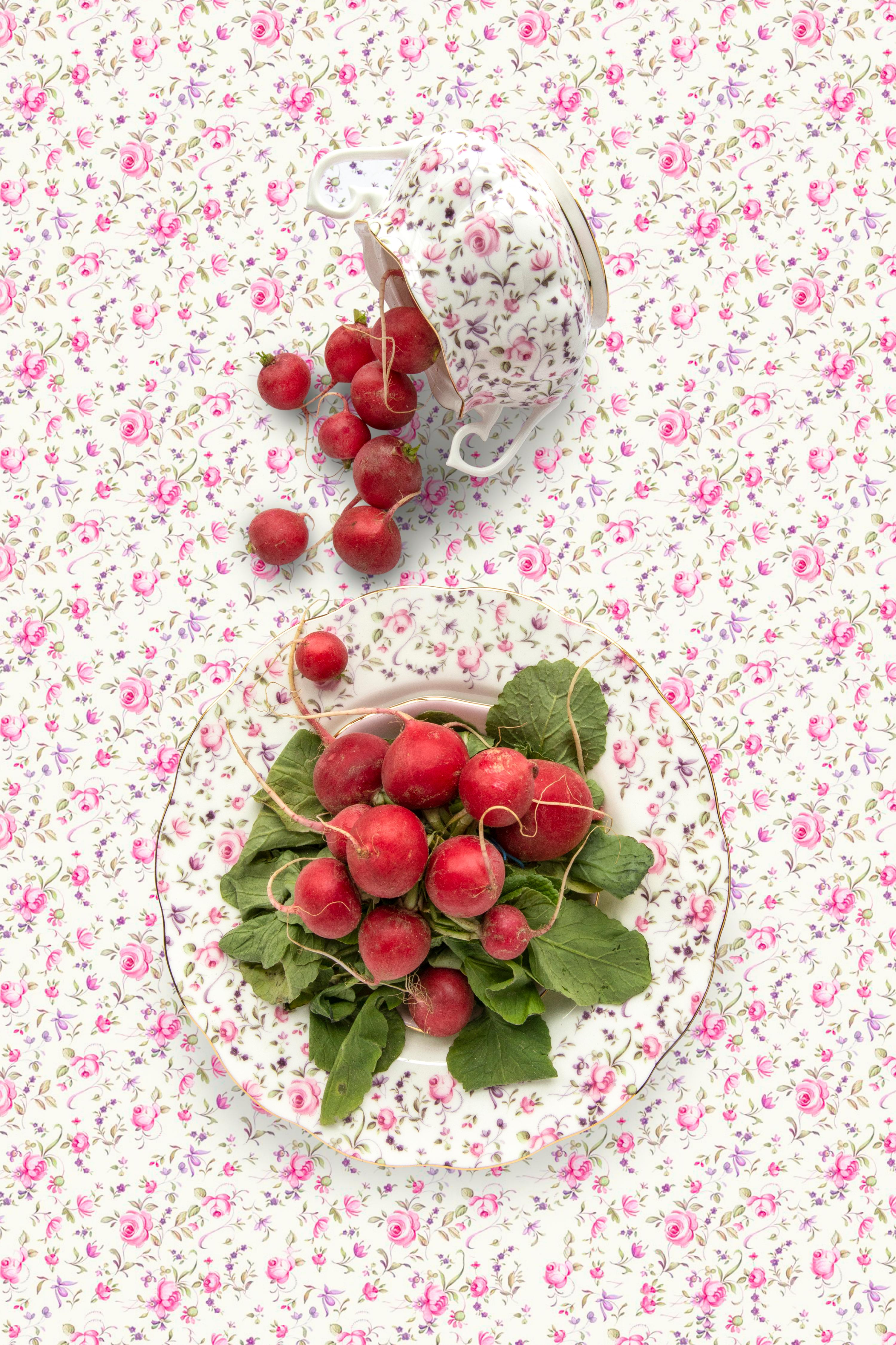 JP Terlizzi Still-Life Photograph - Royal Albert Rose Confetti with Radish - Pink & white floral food still life