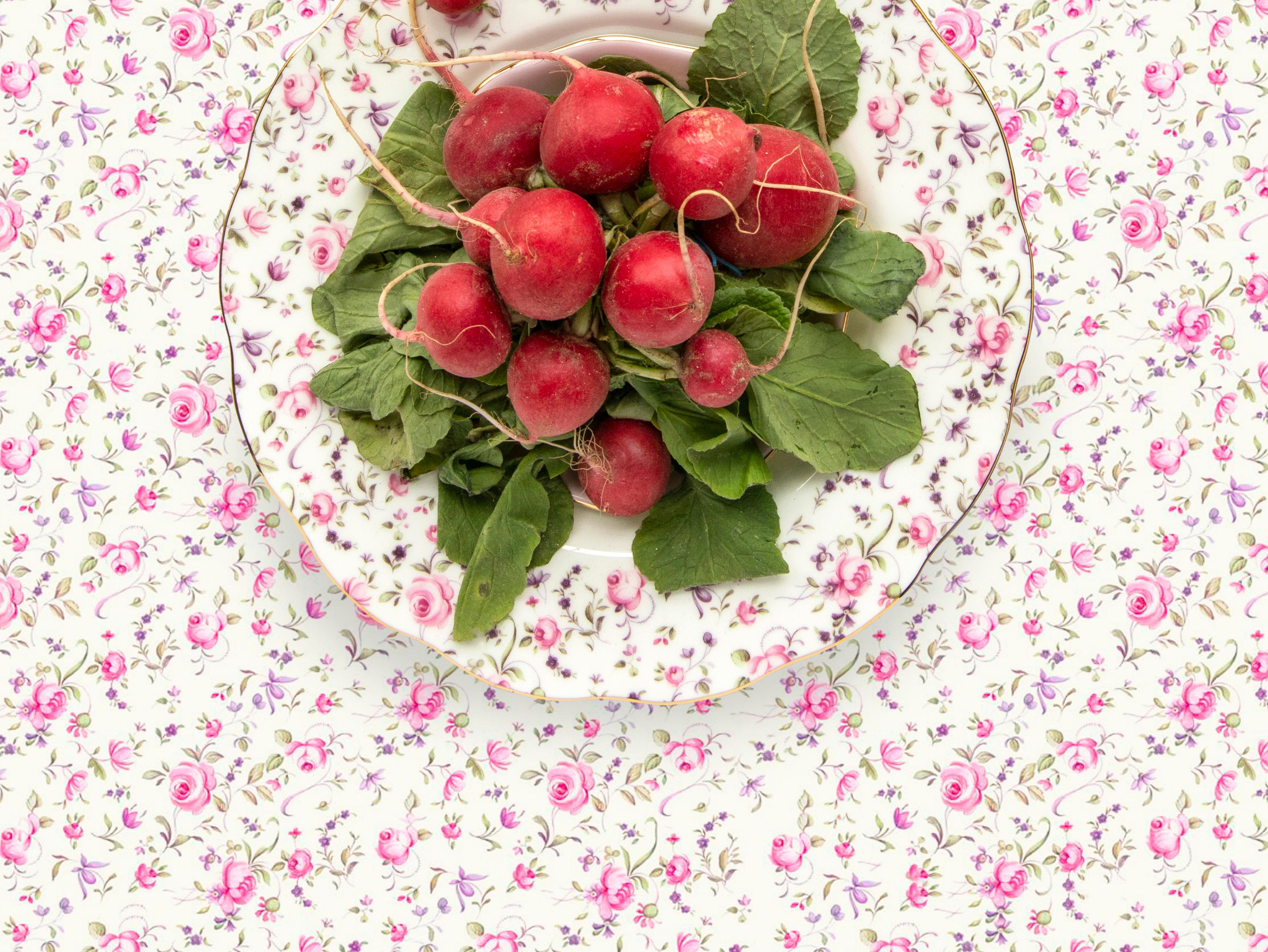 Royal Albert Rose Confetti with Radish - Pink & white floral food still life - Contemporary Photograph by JP Terlizzi