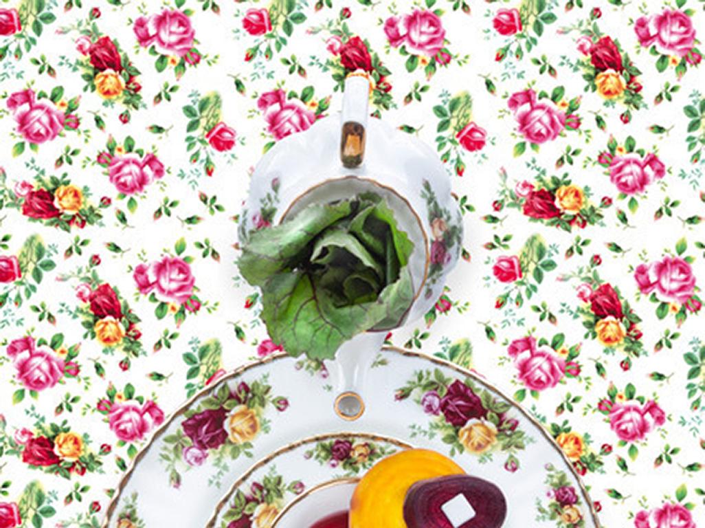 Royal Albert Old Country Rose with Beets - Red, green & yellow floral food still - Photograph by JP Terlizzi