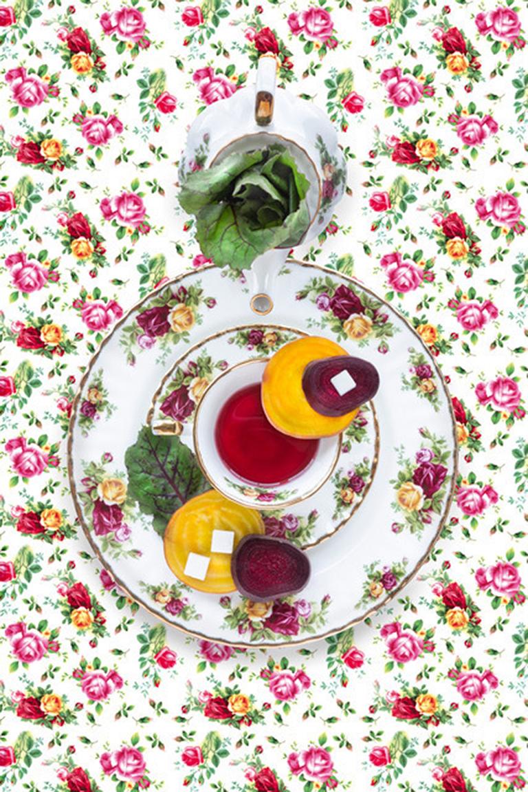 Royal Albert Old Country Rose with Beets - Red, green & yellow floral food still - Contemporary Photograph by JP Terlizzi