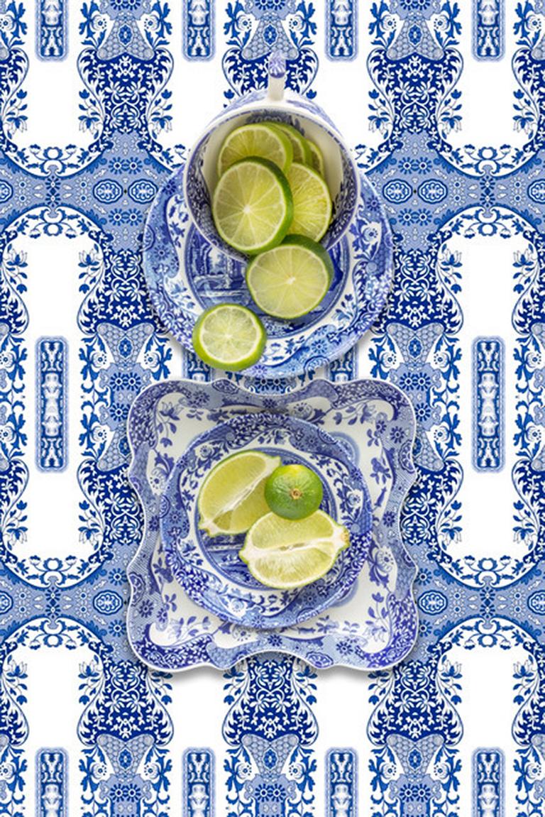 JP Terlizzi Color Photograph - Spode Blue Italian with Lime - Blue & white floral food still life, green limes