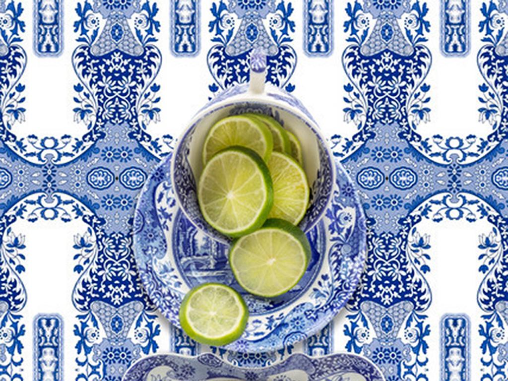 Spode Blue Italian with Lime - Blue & white floral food still life, green limes - Photograph by JP Terlizzi