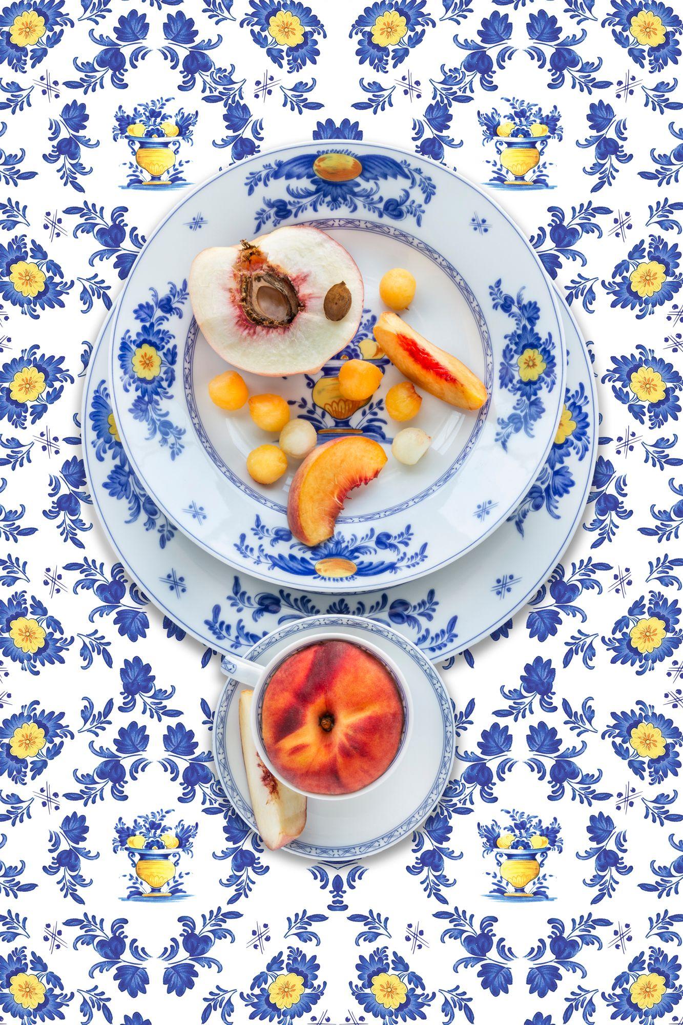 JP Terlizzi Color Photograph - Vista Alegre Viana with Peach - Blue, white, yellow floral peach food still life
