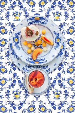 Vista Alegre Viana with Peach - Blue, white, yellow floral peach food still life