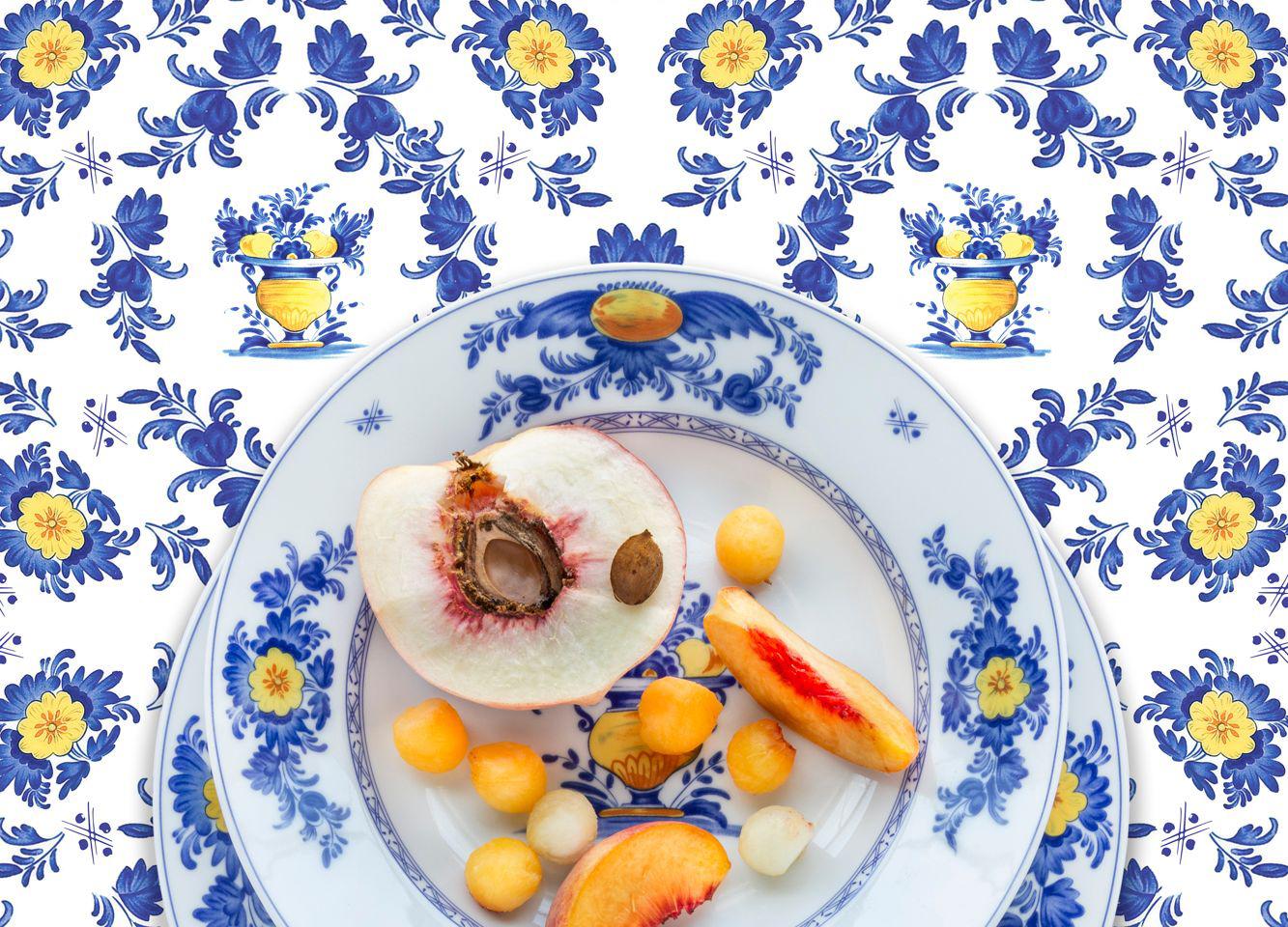 Vista Alegre Viana with Peach - Blue, white, yellow floral peach food still life - Photograph by JP Terlizzi