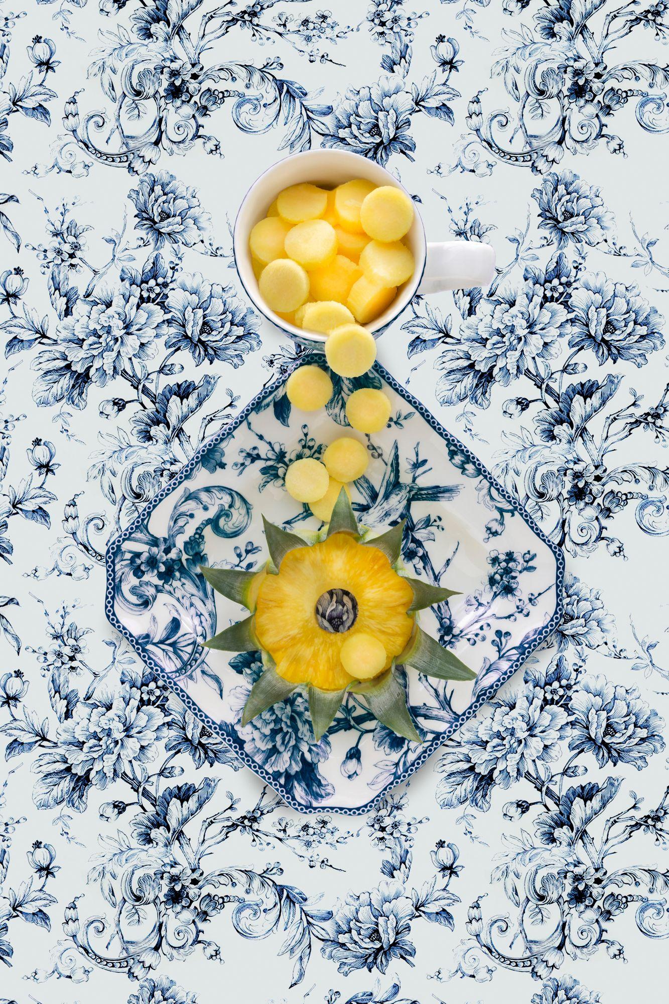 JP Terlizzi Color Photograph - Adelaide Blue with Pineapple - Blue, white & yellow floral food still life