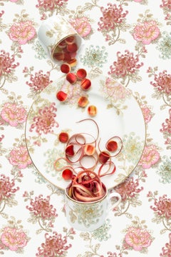 Marchesa Camellia with Rhubarb - Pink, green & white floral food still life