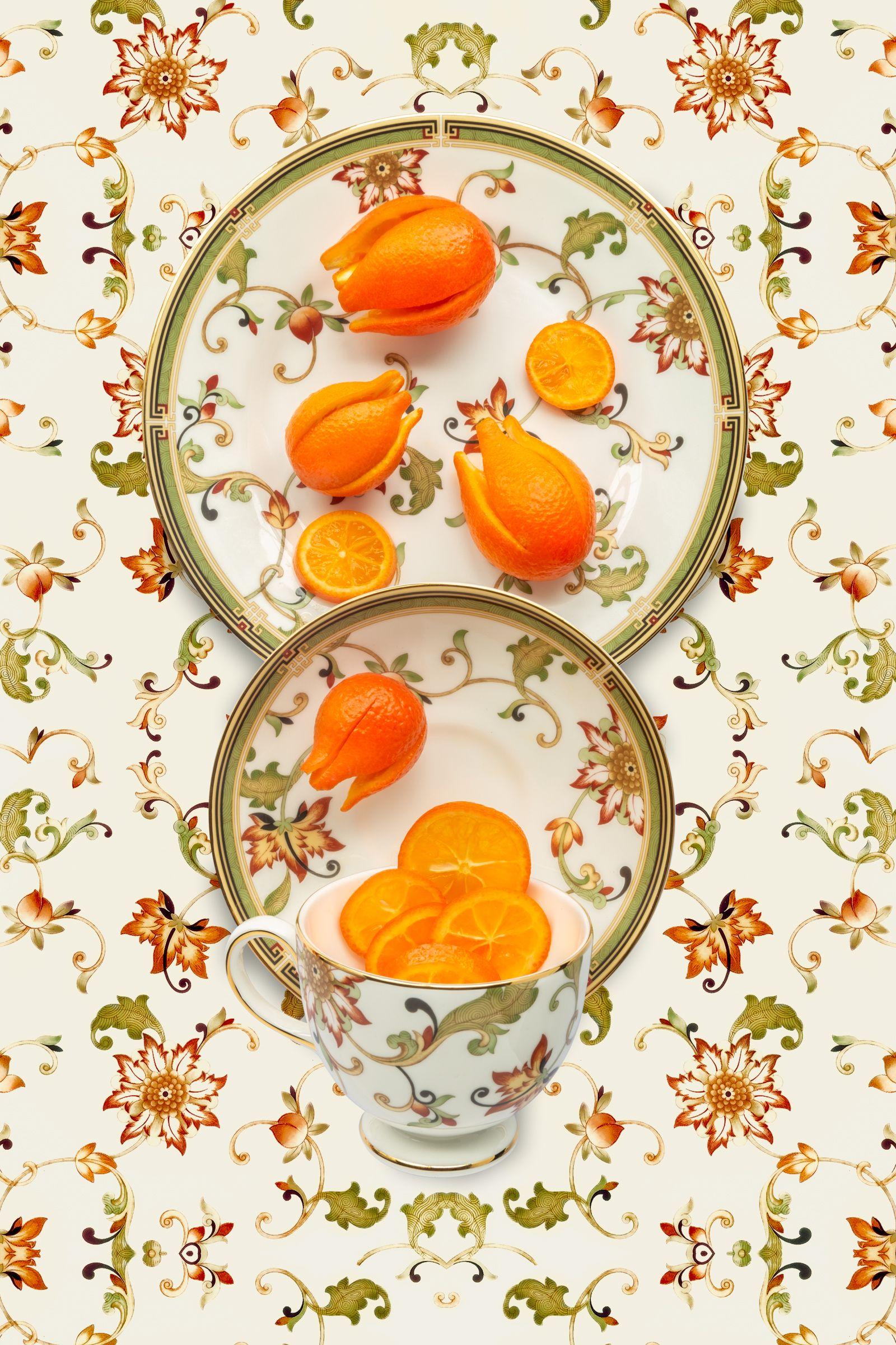JP Terlizzi Still-Life Photograph - Wedgwood Oberon with Mandarinquat - Orange, beige & green floral food still life