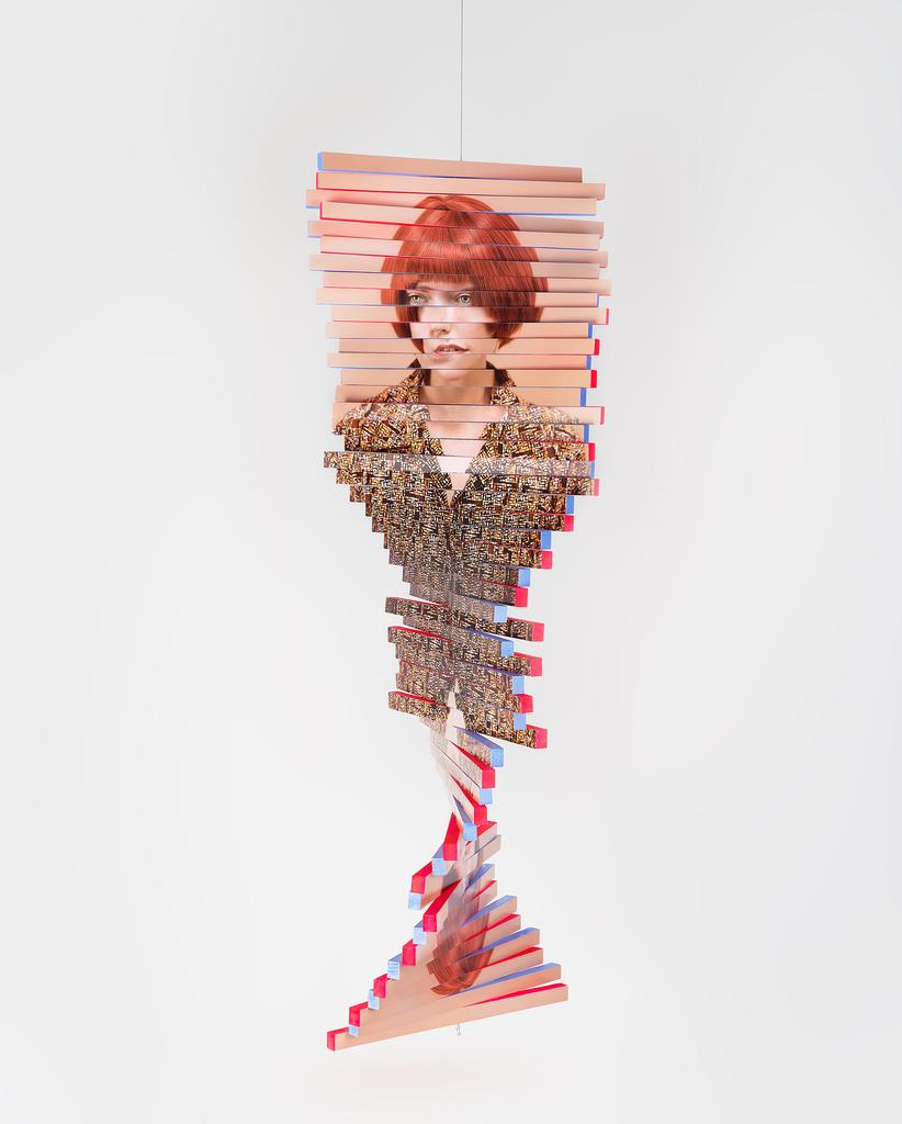 Karen Navarro Abstract Sculpture - Twisted - Peach pink & patterned portrait, multimedia rotating sculpture