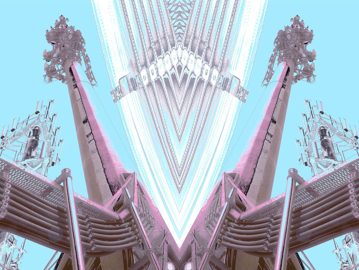 Joe Aker Landscape Photograph - Deco Towers #1 - Retro cyan blue, pink 
purple mirrored abstract tower