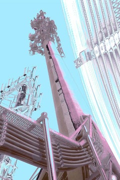 Deco Towers #1 - Retro cyan blue, pink & purple mirrored abstract tower