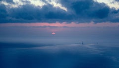 Moving the Rig - Blue & pink sunset water seascape with ship in distance